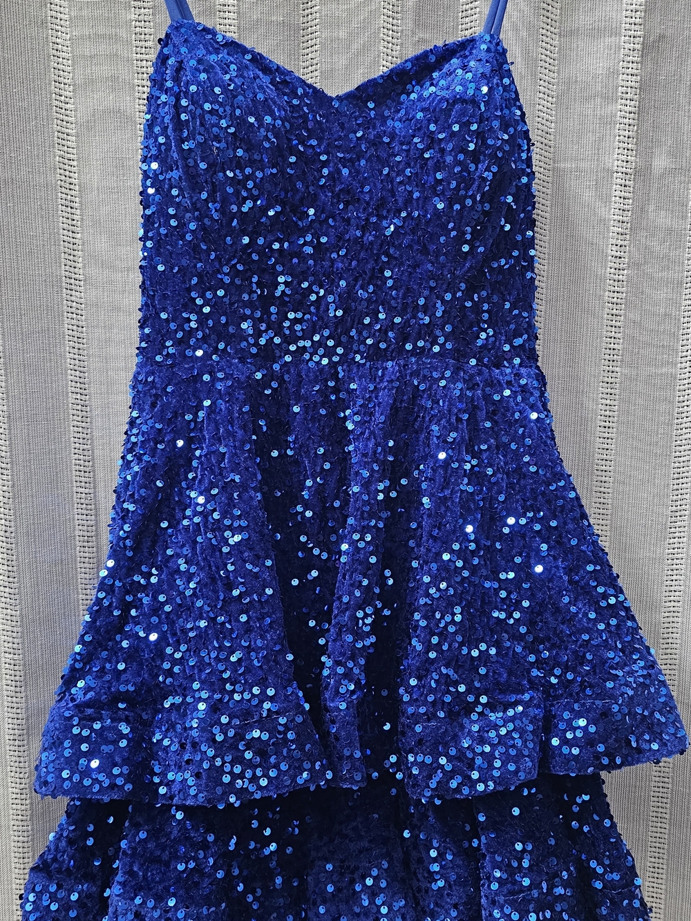 Sparkling Blue Sequin Tiered Hoco/Prom Dress with Spaghetti Straps
